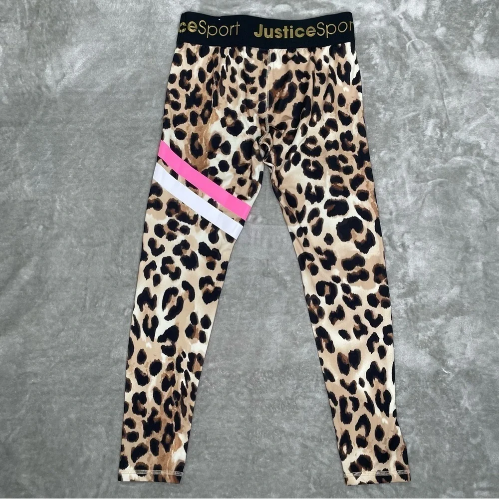 Justice Sport Cheetah Print Leggings Girls XL Plus 16P-18P Black & Pink Logo
